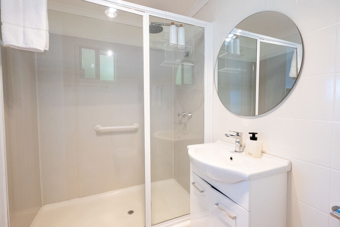 Shower, rainfall showerhead, eco-friendly toiletries, hair dryer