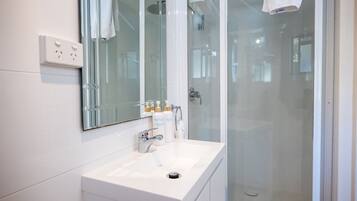 Shower, eco-friendly toiletries, hair dryer, towels