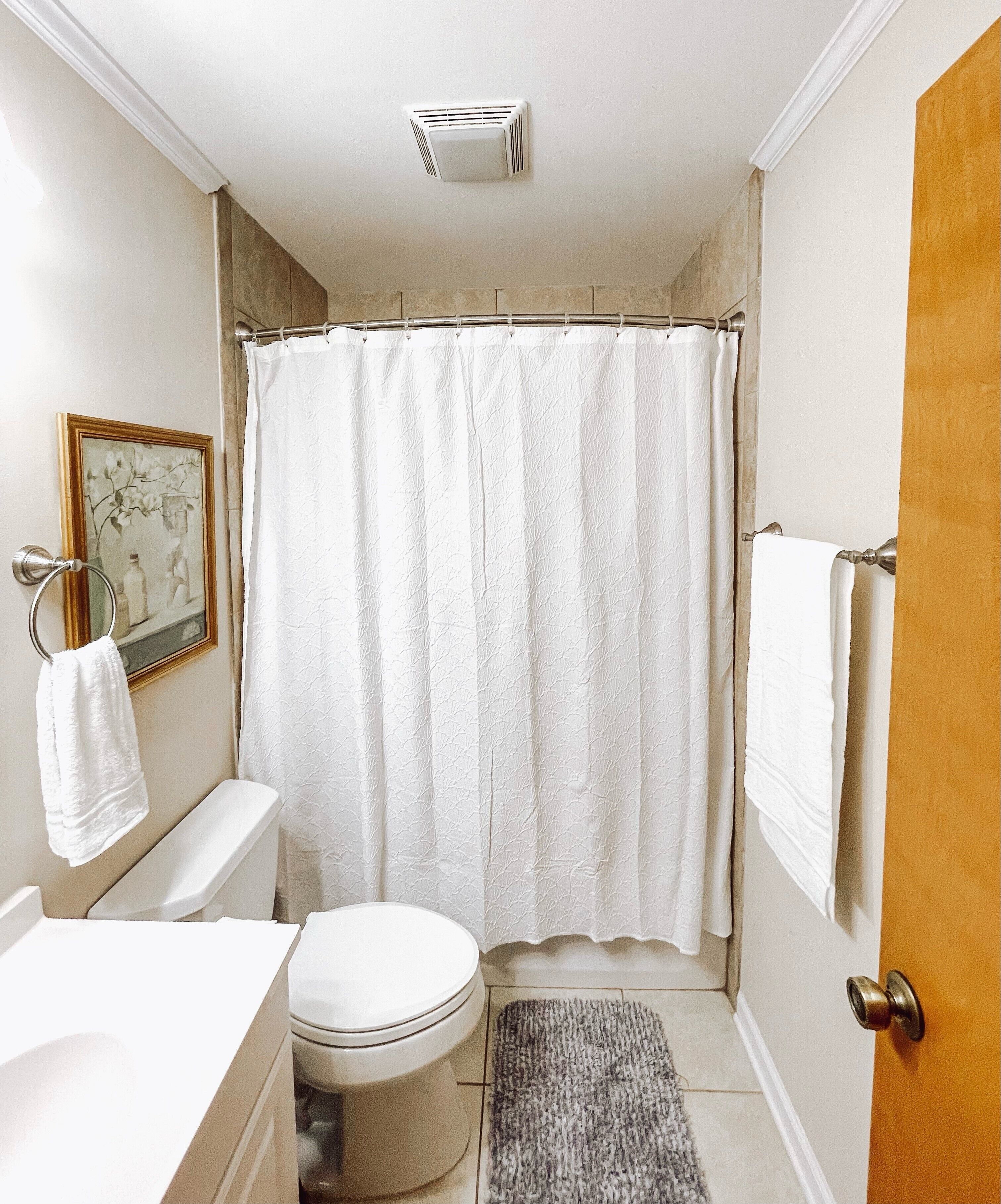 A bathroom with a toilet, sink, and shower curtain.