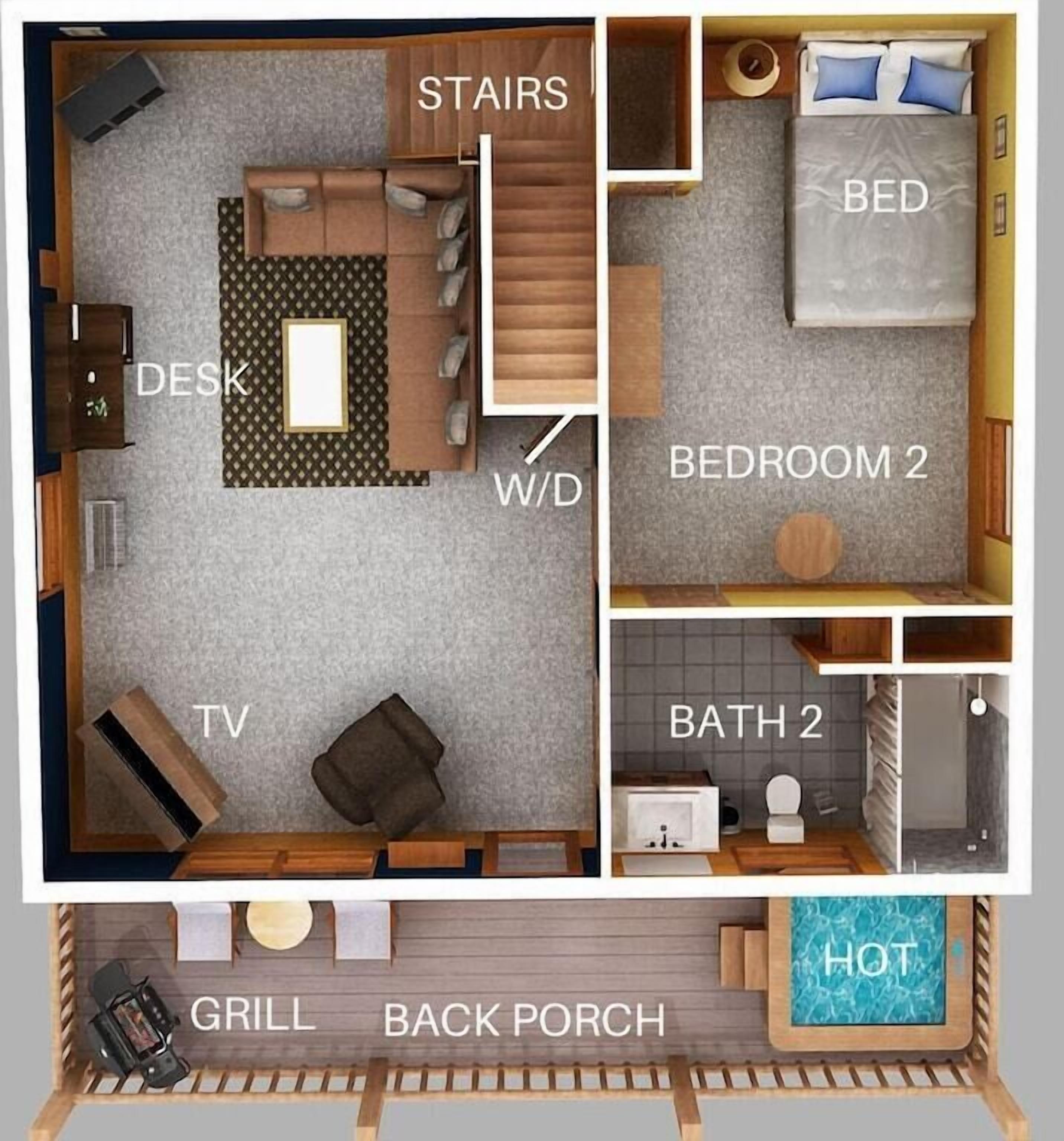 Grundriss eines Hotelzimmers mit Schreibtisch, Fernseher, zwei Schlafzimmern, einem Badezimmer, einer Whirlwanne und einer Rückveranda.
