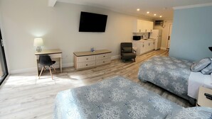 Un dormitorio moderno con dos camas, un escritorio, una silla, un televisor y una kitchenette.
