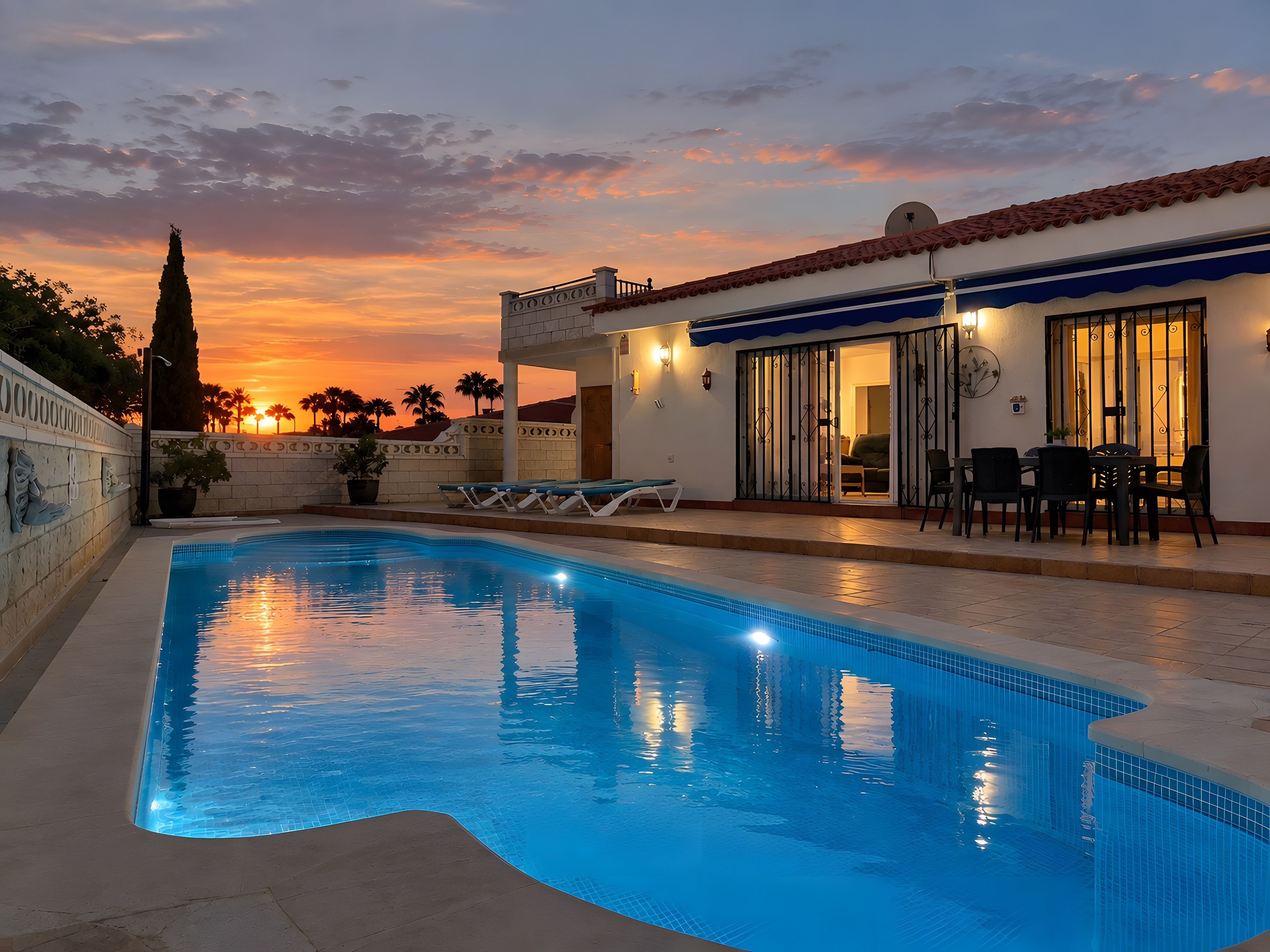 A swimming pool with a patio area, a dining table, and chairs.