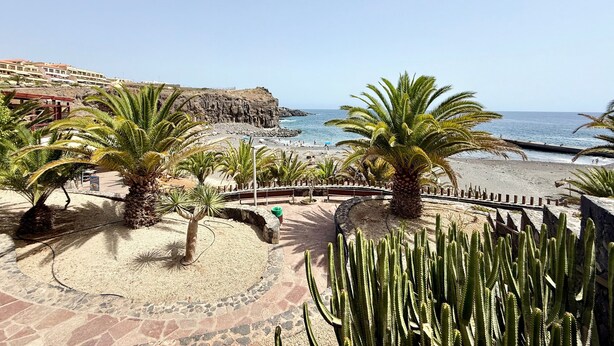 A coastal view with palm trees, a sandy beach, and a rocky cliff. - Pet Friendly Villa Azul close to the Beach with Pool, Garden, A/C and Wi-Fi (Callao Salvaje, Tenerife)