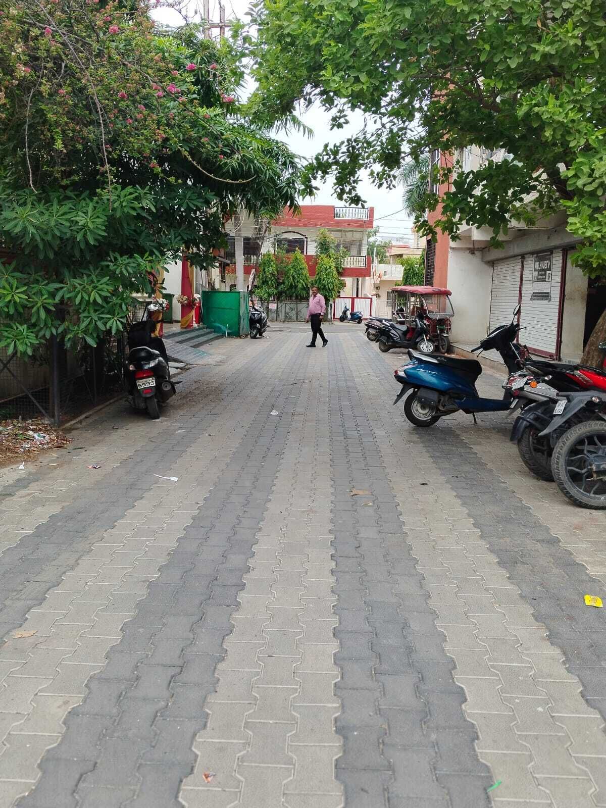 A paved street lined with parked motorcycles and scooters, trees, and buildings in the background.