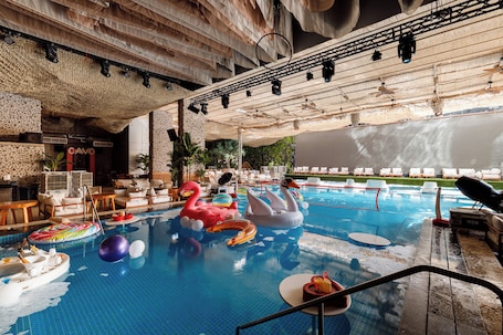 Indoor pool, outdoor pool, sun loungers