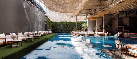 Indoor pool, outdoor pool, pool loungers