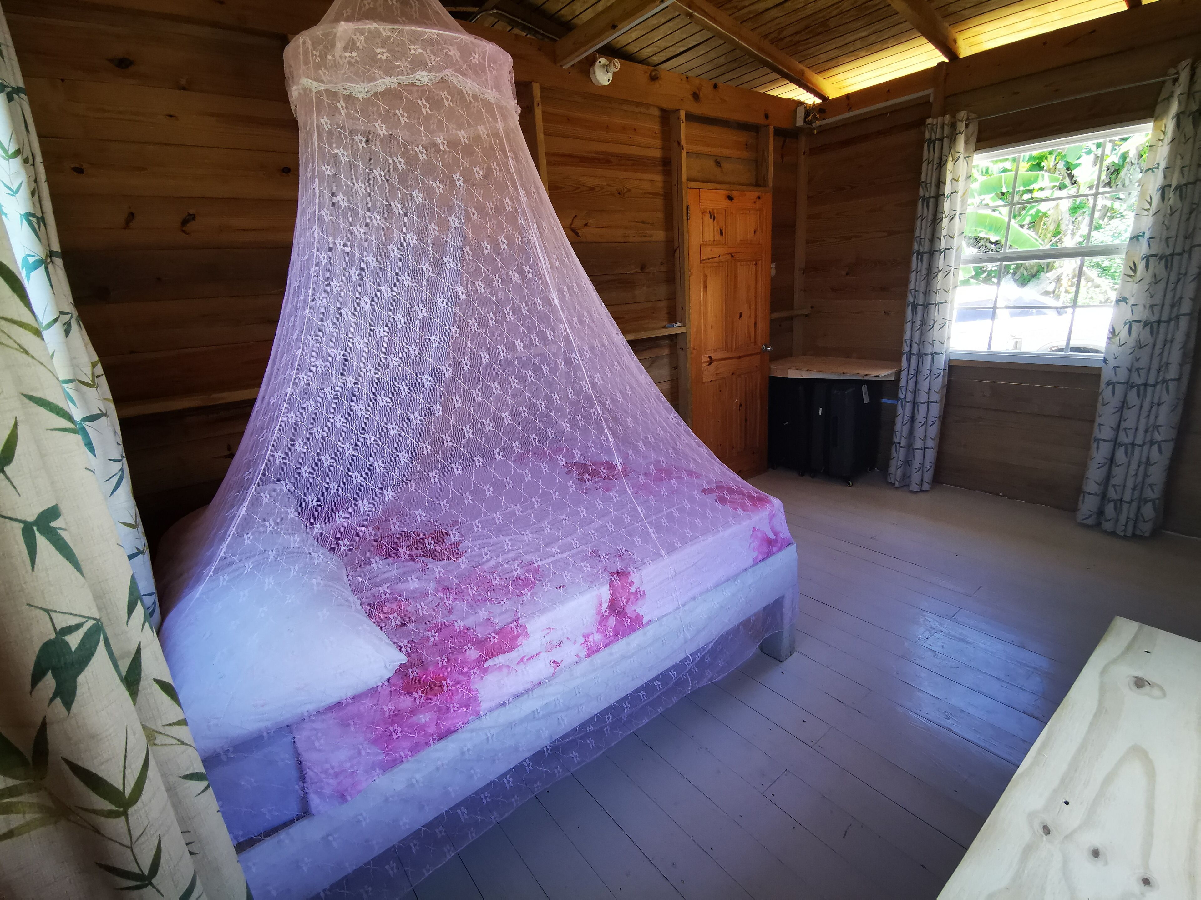 A wooden cabin room with a bed covered in a mosquito net, wooden walls, and a window with curtains.