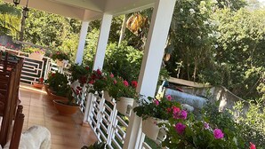 A covered outdoor area with tiled flooring, white railings, and potted plants. - Villa des Cymbidiums (Le Tampon)