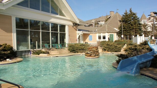 A swimming pool with a slide, surrounded by a landscaped area with bushes and a stone feature. - First Floor Allegheny Springs with Private Entrance-free pool use,slopeside,A/C (dunmore)