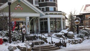 A building with a ski resort sign, a red fire hydrant, and snow-covered steps leading to the entrance. - First Floor Allegheny Springs with Private Entrance-free pool use,slopeside,A/C (dunmore)