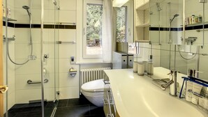 A modern bathroom with a glass shower enclosure, a toilet, a large mirror, and a white sink. - Living room with eating area, separate kitchen with dishwasher, one bedroom with 2 single beds, one (Verbier)