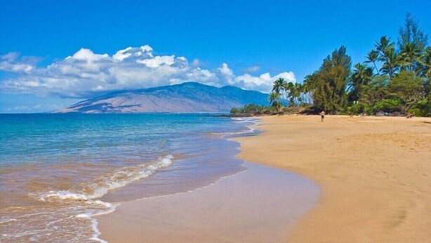 Una playa con agua azul cristalina, una orilla arenosa y una montaña al fondo.