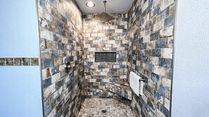 Combined shower/bathtub, hair dryer, towels, soap