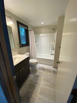 Combined shower/bathtub, hair dryer, towels, soap