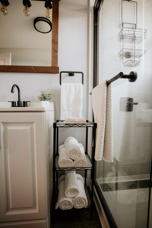 Shower, towels, toilet paper