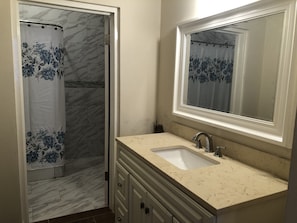 Bathtub, hair dryer, towels, soap