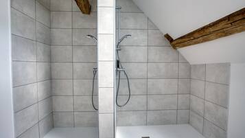 Dusche, Haartrockner, Shampoo, Toilettenpapier