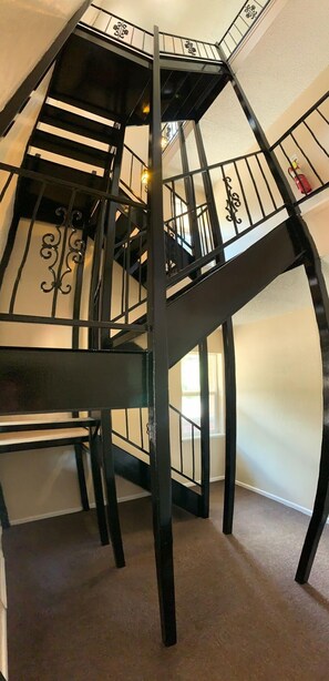 Stunning spiral staircase leads to a room with a window and carpeted flooring.