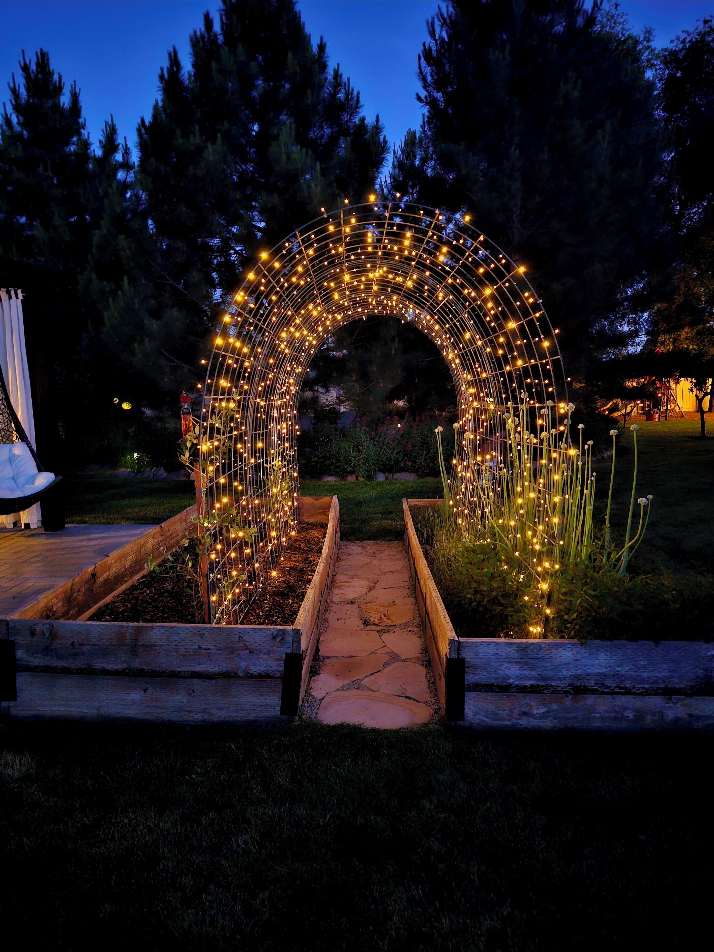Ein Bogen mit Lichterketten, ein Steinweg und ein Garten mit Pflanzen und Bäumen.