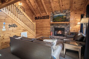 Smart TV, fireplace, books