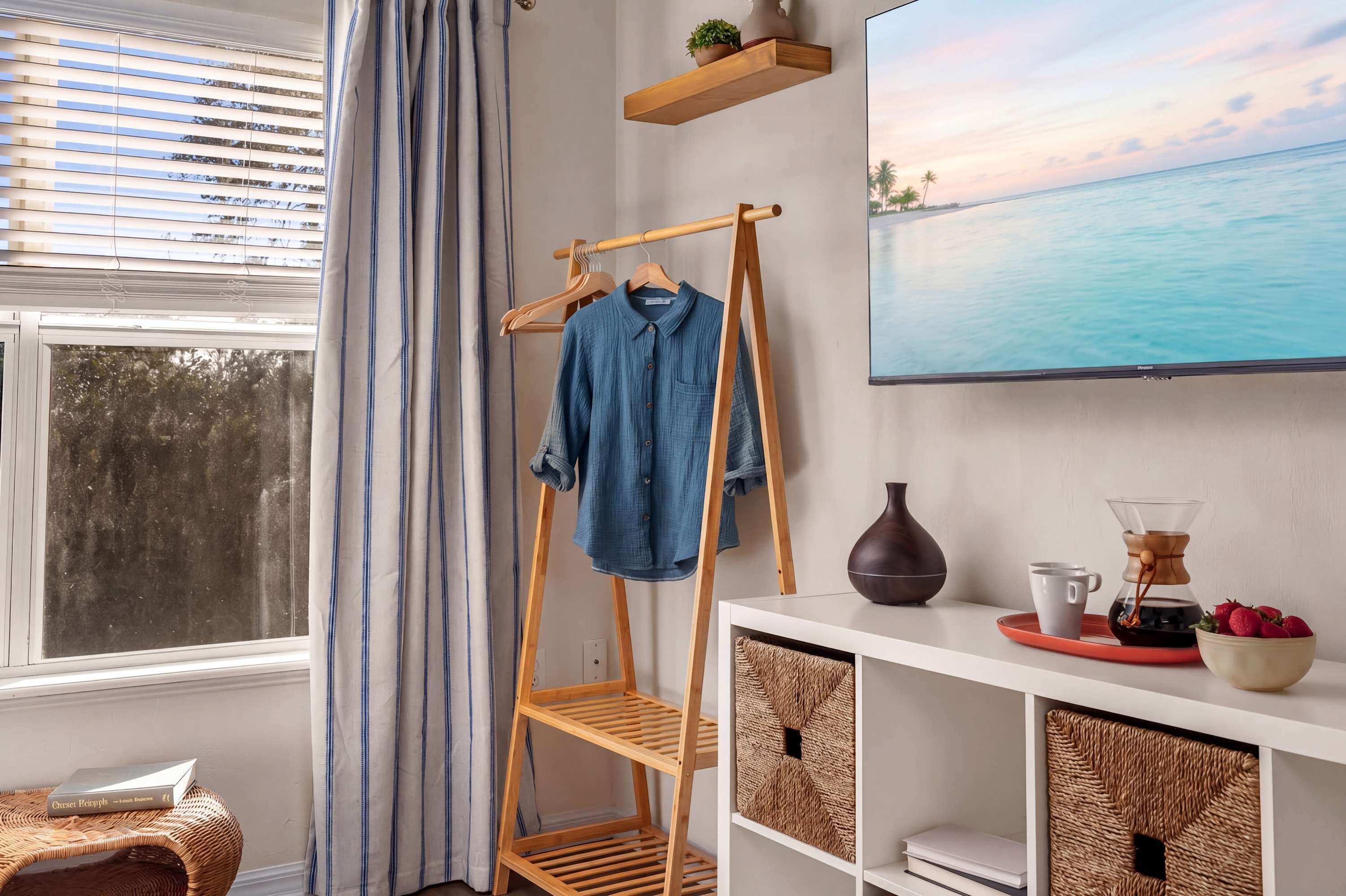 A room with a wooden clothes rack, a white console table, a TV, and a window with blinds.