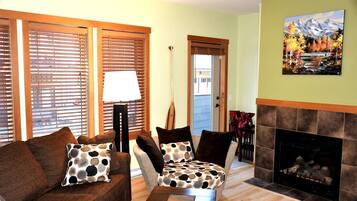 TV connectée, cheminée, lecteur de DVD, livres