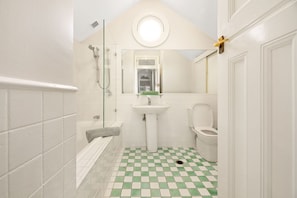 Combined shower/bathtub, hair dryer
