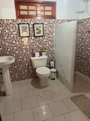 Compact bathroom with a pedestal sink, toilet, and shower area, featuring a window and framed artwork.