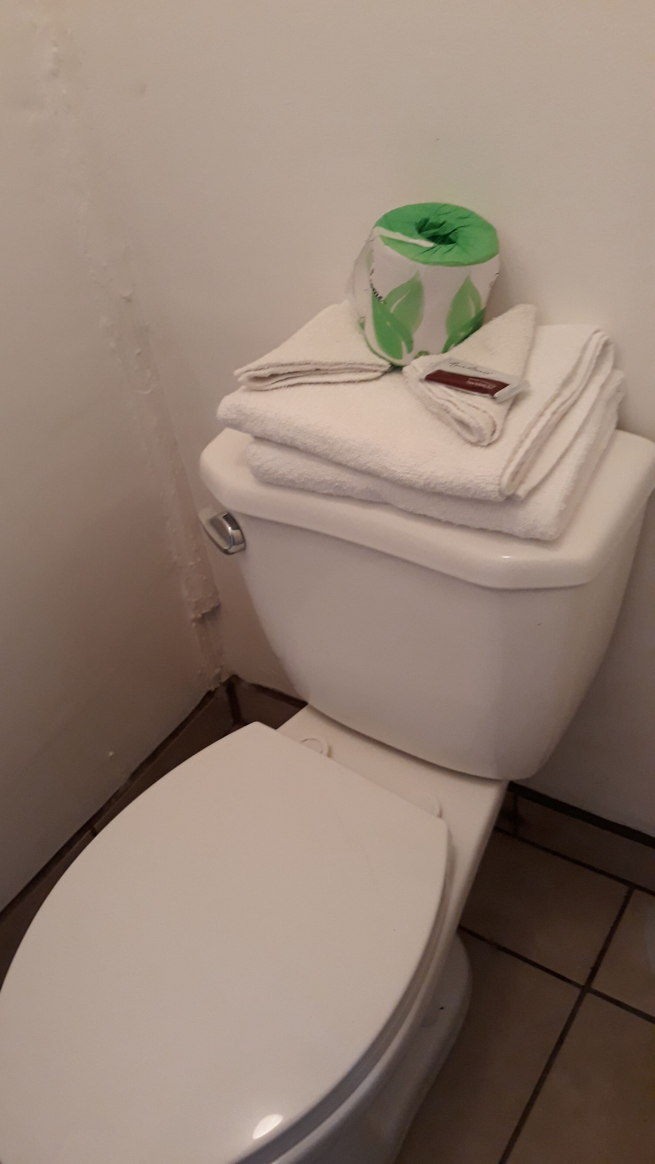 A white toilet with a stack of folded white towels and a green and white patterned container on the tank.