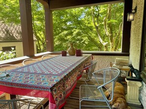 Un patio al aire libre con una mesa cubierta por un mantel estampado, sillas de metal y un perro acostado en el suelo.