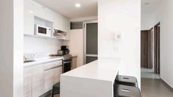 Fridge, microwave, oven, stovetop