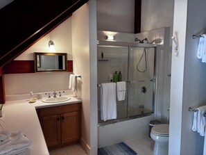 A bathroom with a glass-enclosed shower, a sink with a mirror above, and a toilet.