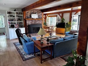 Smart TV, chimenea, libros y estéreo