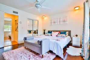 4 bedrooms, memory foam beds, desk, iron/ironing board