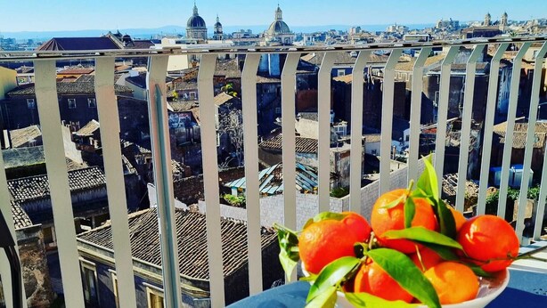 Un balcón con vistas a un paisaje urbano, un tazón de fresas y un tazón de naranjas.