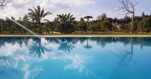 A clear blue pool with a reflection of trees and a clear sky.