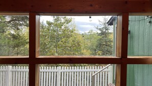 A view through a window with a white picket fence, a wooden deck, and a green shed.