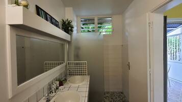 Douche, sĂšche-cheveux, serviettes fournies, papier toilette