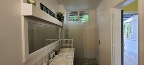 Dusj, hårføner, håndklær og toalettpapir