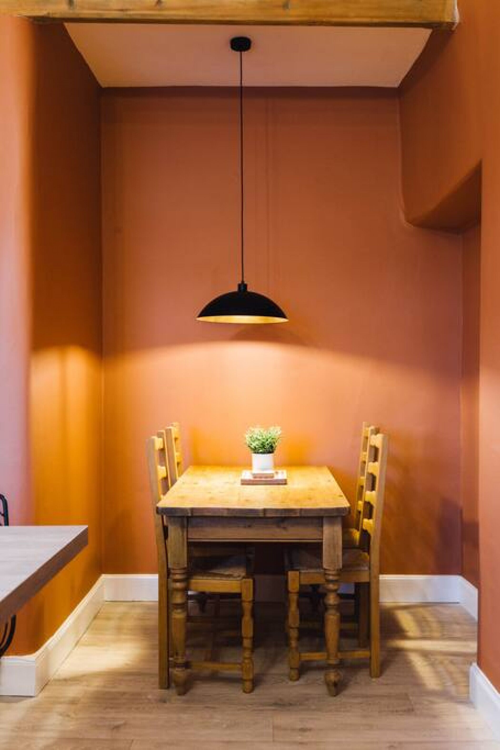 A dining area with a wooden table and chairs, a hanging pendant light, and a small potted plant on the table.