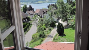 A view from a window overlooking a residential area with houses, a road, and a lake.
