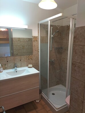 Shower, hair dryer, soap, toilet paper