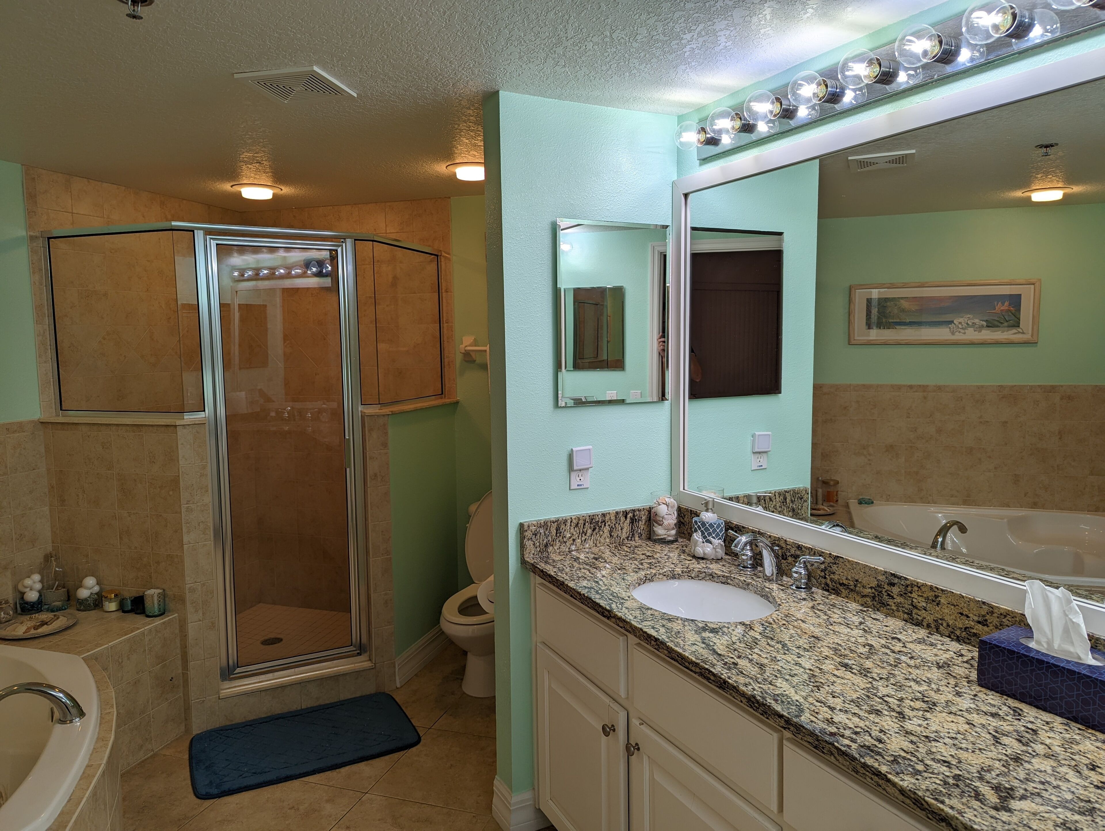A bathroom with a shower, toilet, sink, and a large mirror.