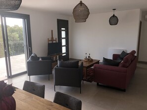 TV connectée, cheminée, livres