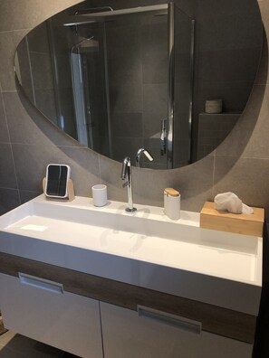 Regadera, secadora de cabello, toallas, papel de baño 