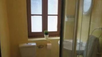 Shower, towels, soap, toilet paper