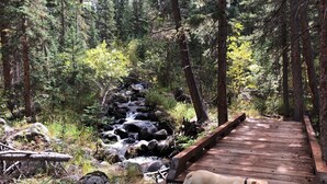 A wooden deck leading to a waterfall in a forested area. - Colorado Mountain Getaway Retreat (Idaho Springs)