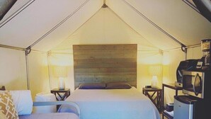 A tent-style room with two beds, a coffee machine, and a refrigerator. - Glamping Cabin at Son's Blue River with AC/Heat, 1 Queen, 1 Twin & kitchenette. (Kingsbury)