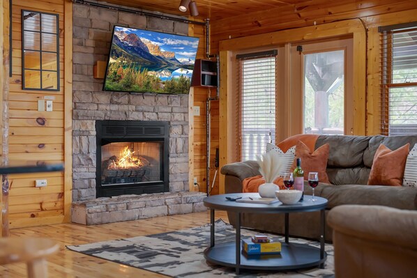 Smart TV, fireplace, foosball