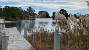 Une jetée en bois qui mène à un lac paisible, bordé d’arbres et de touffes d’herbe des pampas.